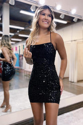 Black Sequined Halter Bodycon Short Homecoming Dress